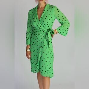 Ganni Dainty Georgette Polka Dot Wrap Dress Green Viscose Sz 4